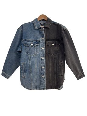 Missguided Two Tone Denim Jean Jacket Split Blue Black Trucker Women Size 2